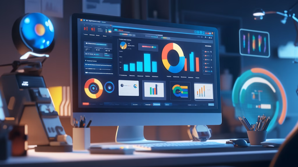 Digital workspace featuring SEO tools like Google Analytics, Ahrefs, and SEMrush